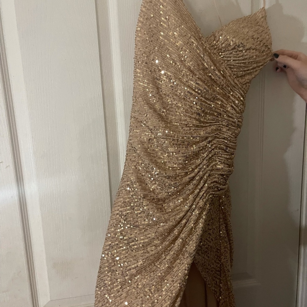 Gold long thigh slit prom dress